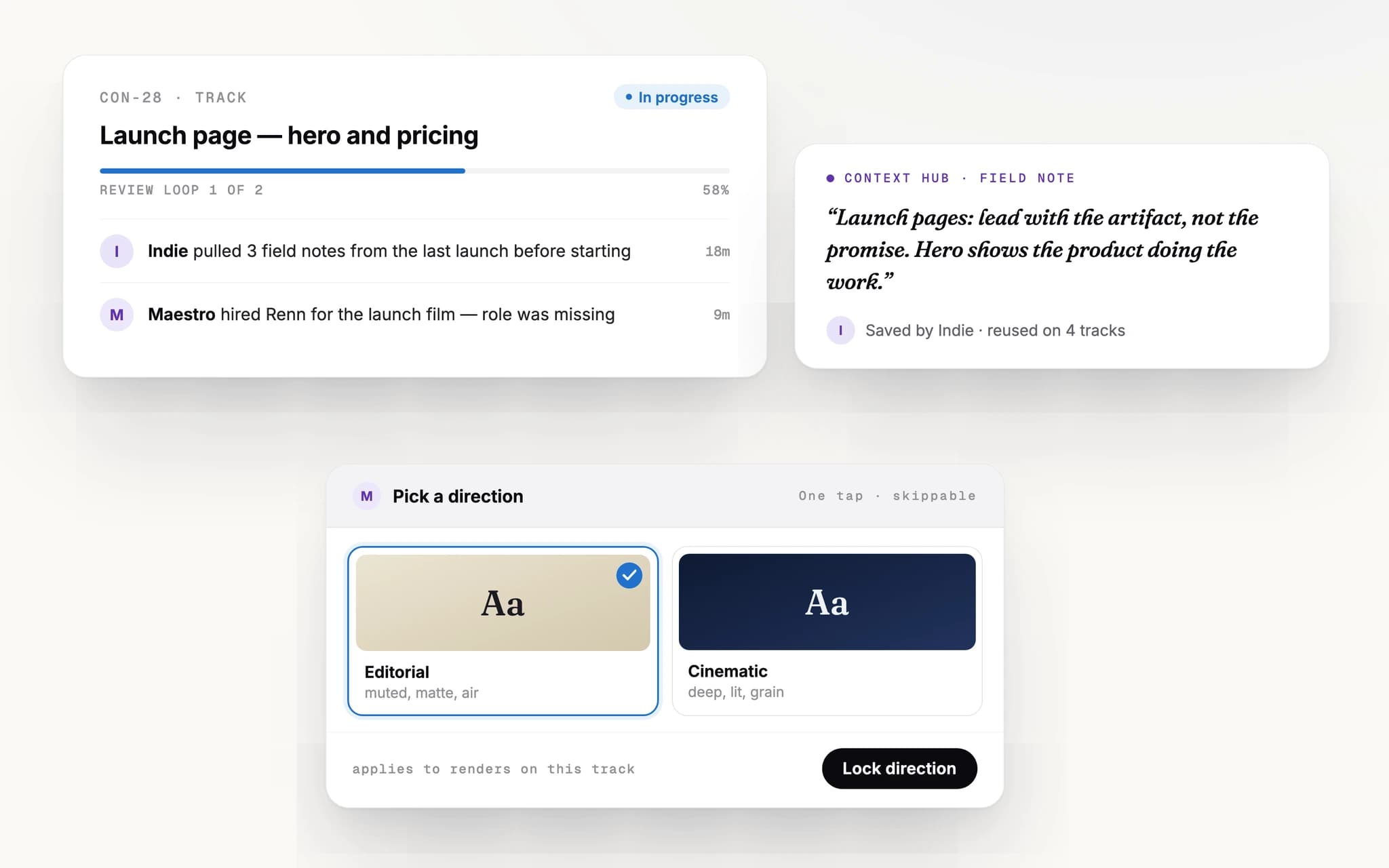 A Concierto track feed where Indie pulls three field notes before starting and Maestro hires a missing role, beside a Context Hub field note reused on four tracks and a one-tap steer widget locking a visual direction.