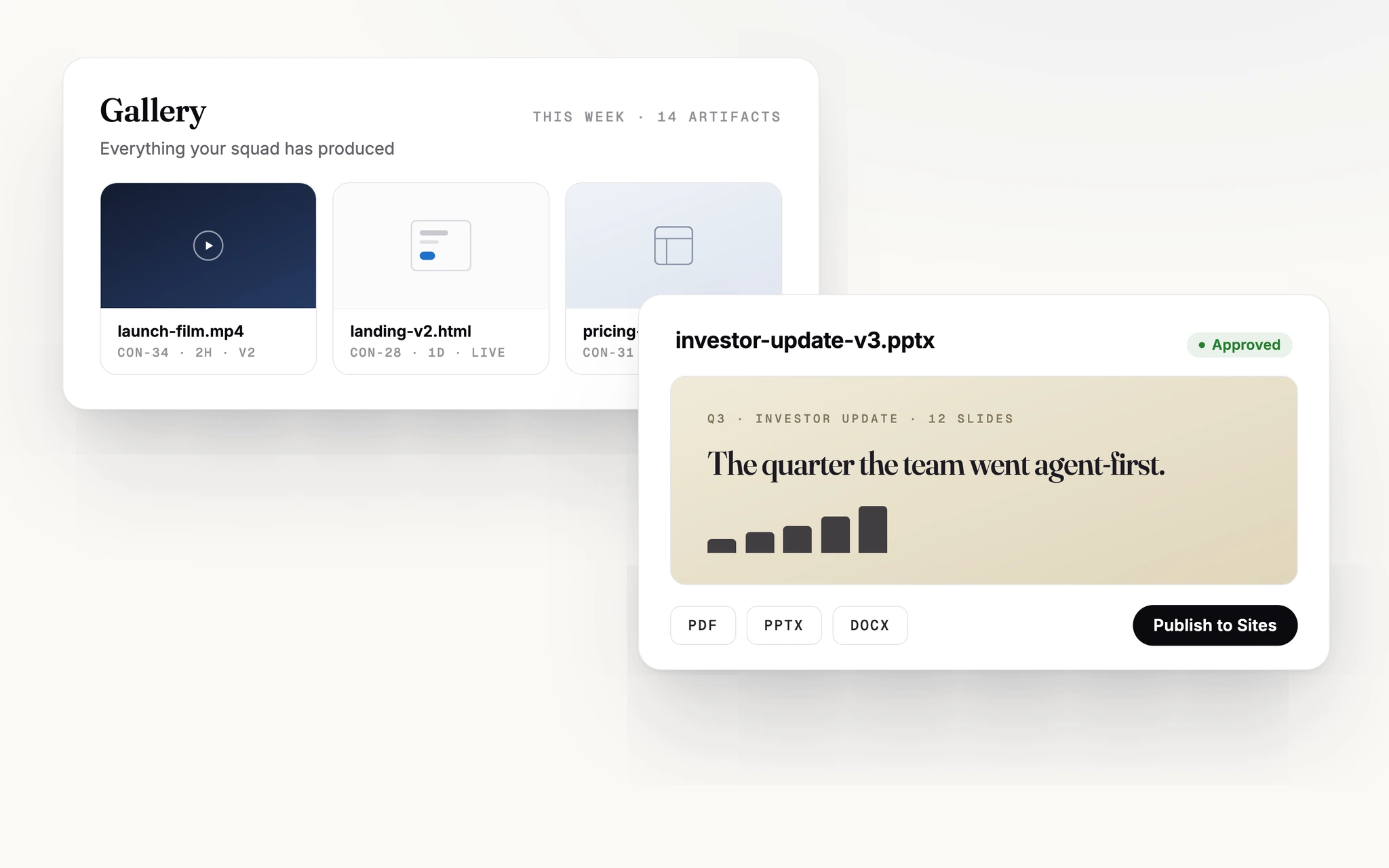 The Gallery: the artifact wall with a video, a deck, and a live HTML page, next to an approved artifact with one-click exports